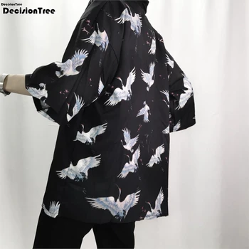 

2020 Retro Men Kimono Cardigan Shirt Harajuku Street crane print Outerwear Casual Loose Short Sleeve Shirts Jacket