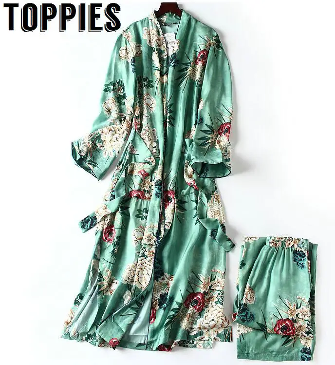 

2019 New Women Green Color Bathrobe Style Long Kimono Vintage Floral Printed Wide Leg Pant Ladies Retro Outfit