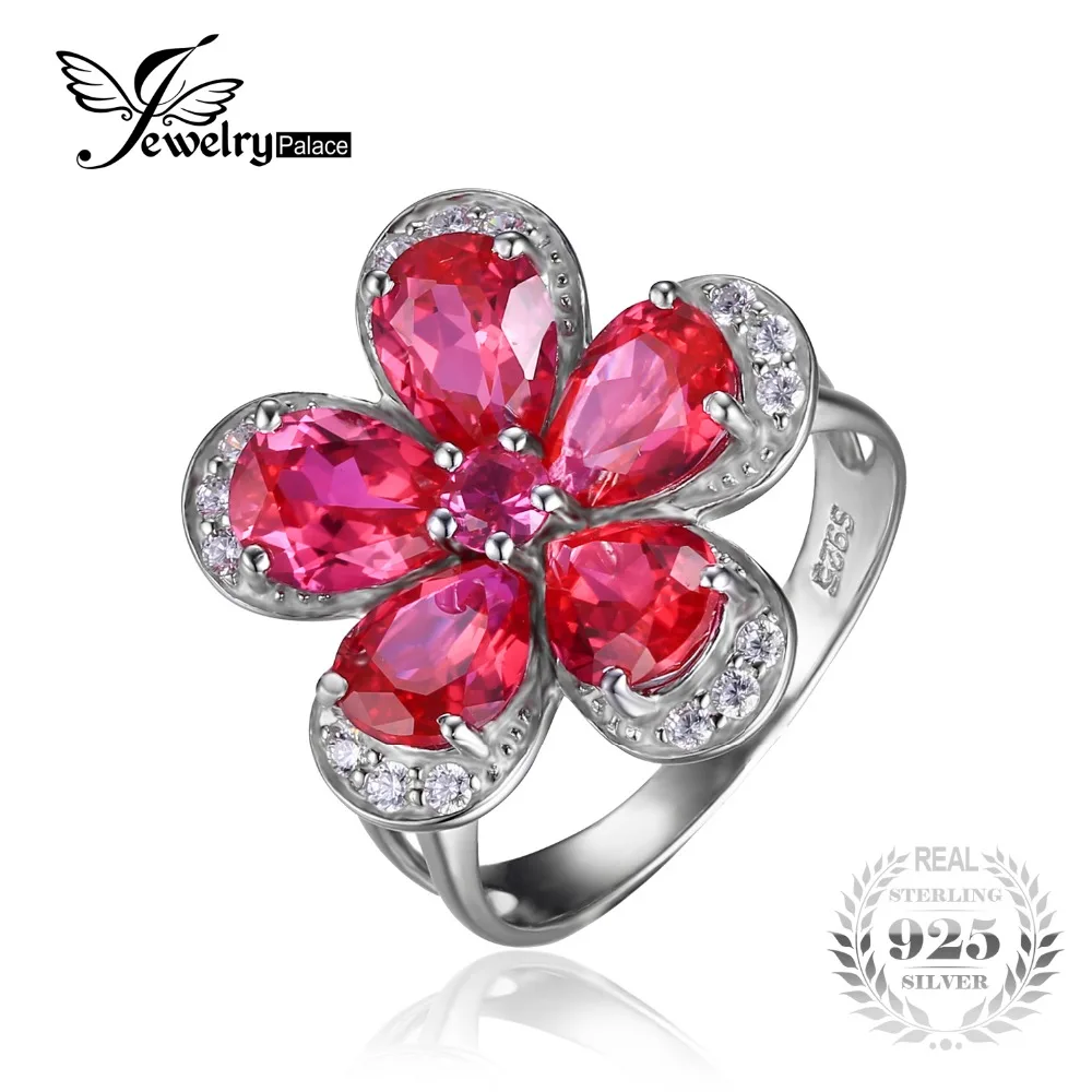 JewelryPalace Flower 5ct Created Red Ruby Cocktail Ring 925 Sterling Silver Ring Fashion Design Statement Ring