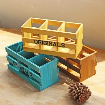 

Zakka wood retro three lattice pen rectangular wooden box Home Furnishing multi-function desktop remote control box