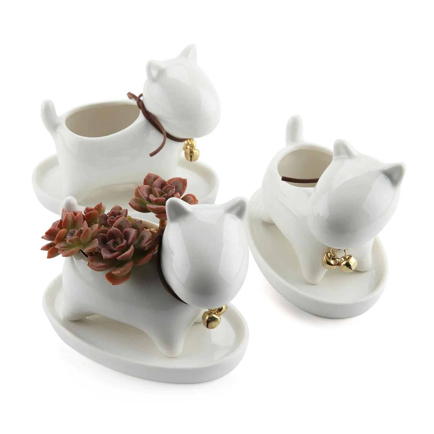 

T4U Dog Ceramic Succulent Plant Pot Cactus Flower Pots Container Porcelain Holder Planter Decoration with Bell Tray Pack of 3