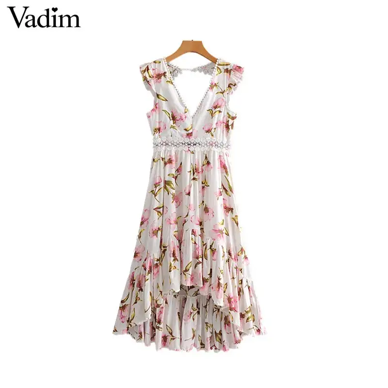 

Vadim women floral asymmetrical midi dress V neck backless lace patchwork ruffles casual female mid calf dress veatidos QB383