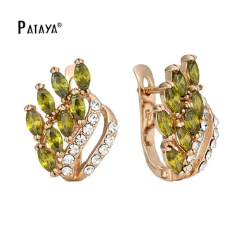 

PATAYA Classic Olive Green 585 Rose Gold Big Earrings Double Rows Water Drop Cubic Zirconia Natural Earrings Women Fine Vintage