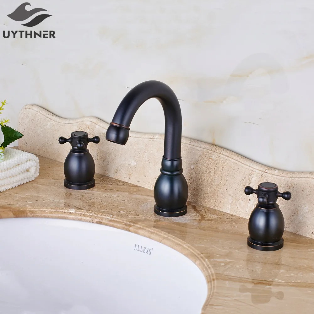 

Uythner Hook Shape Waterfall Bathroom Basin Faucet with Cross Handles Mixer Tap Oil Rubbed Bronze Finish