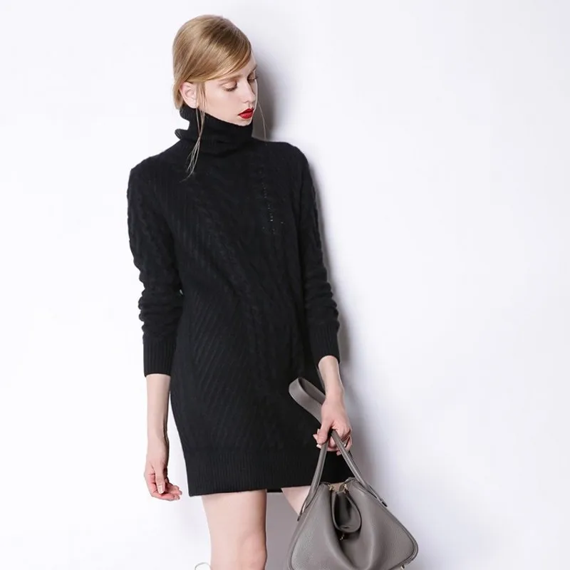 LHZSYY Winter New High Collar Thick Cashmere Sweater Fashion Solid color Twist flowers Women Sweaters Long high quality pullover