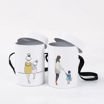 

1PC Printed Mini Portable Flower Box Round Hug Bucket Trumpet Gift Box Mother's Day Florist Flower Bouquet Package Box