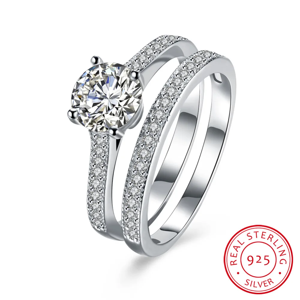 

100% Pure 925 sterling silver jewelry fine circle rings big crystal stone ring for women wedding fine jewelry 2pcs lovers ring