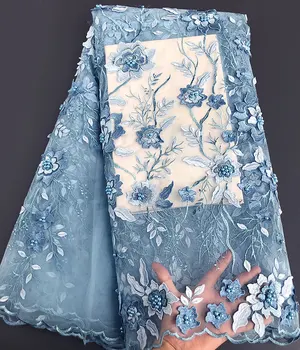 

Super neat embroidery Sky blue Luxury tulle lace African french lace fabric 5 yards/pc high quality product you will like it