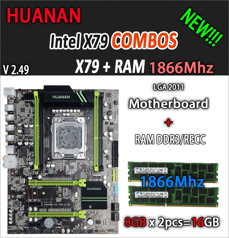 

HUANAN golden V2.49 X79 motherboard LGA2011 ATX combos 2 x 8G 1866Mhz 16GB USB3.0 SATA3 PCI-E NVME M.2 SSD port support CPU