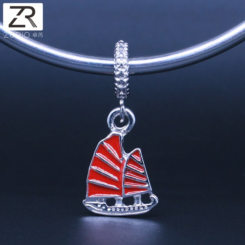Zurio Silver Colored Shape Red Sailboat Sailing Boat Yacht Fit Pandora