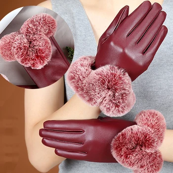 

Soft 1 Pair Women Winter Warm Mitten Elegant Faux Rabbit Fur PU Leather Gloves For Winter Gloves Brand Mitten Women Gloves