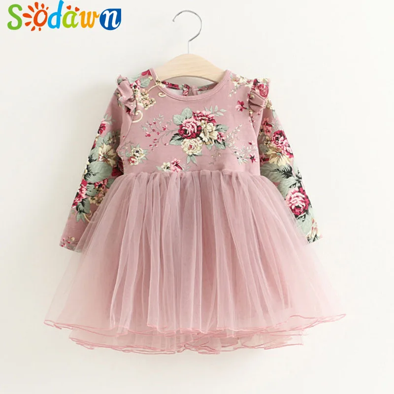 

Sodawn Baby Girls Dress 2018 Spring Autumn New Fashion Printing Long-Sleeved Nets Pompon Princess Dress Children Clohting