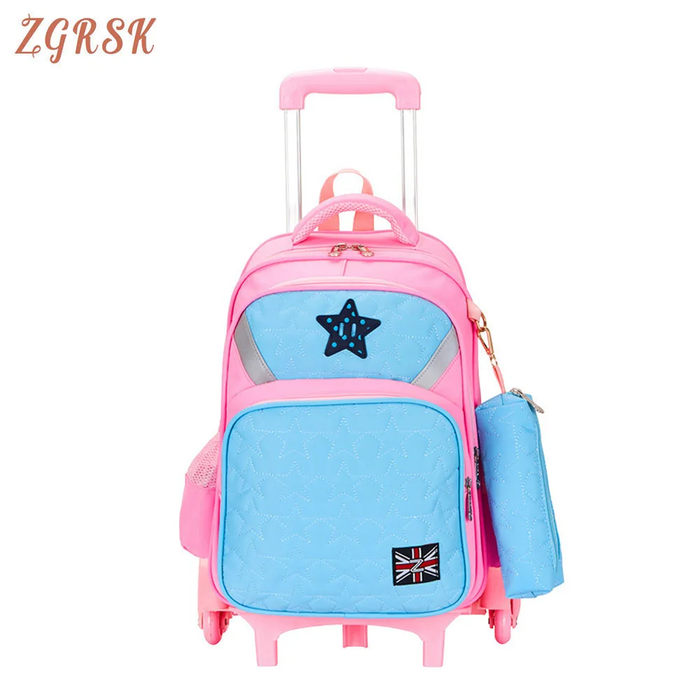 

Children Girls Nylon Trolley Backpack School Bags Kid's Travel Luggage Rolling Bag Removable 2 Wheels Boys Trolley School Bags