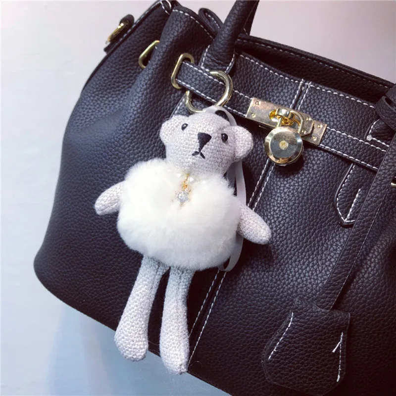 

2019 Fashion Mink Plush Skirt Cute Bear Keychain Pearl Rhinestone Creative Key Chain Women Car Bag Keychains Jewelry Gift 17CM
