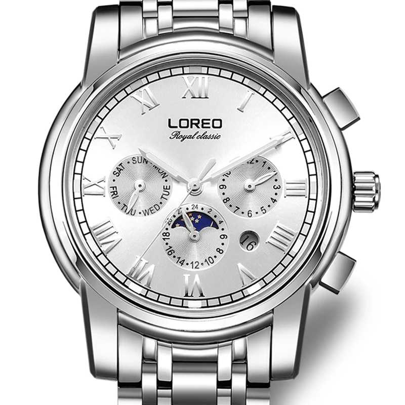 

LOREO Germany watches men luxury brand automatic self-wind moon Phase sapphire luminous silver stainless steel relogio masculino