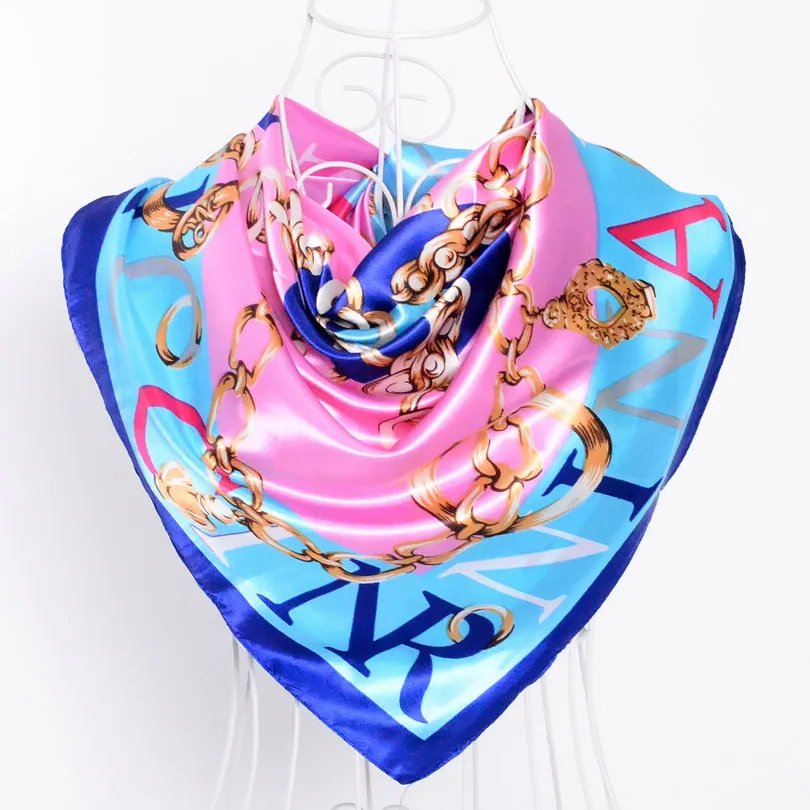 Красный шёлковый шарф женский шарф, китайский стиль атласный большой квадратный шарф с принтом, Женский брендовый шелковый шарф из искусственного шелка, модная шаль 90*90 см - Цвет: blue pink letters460