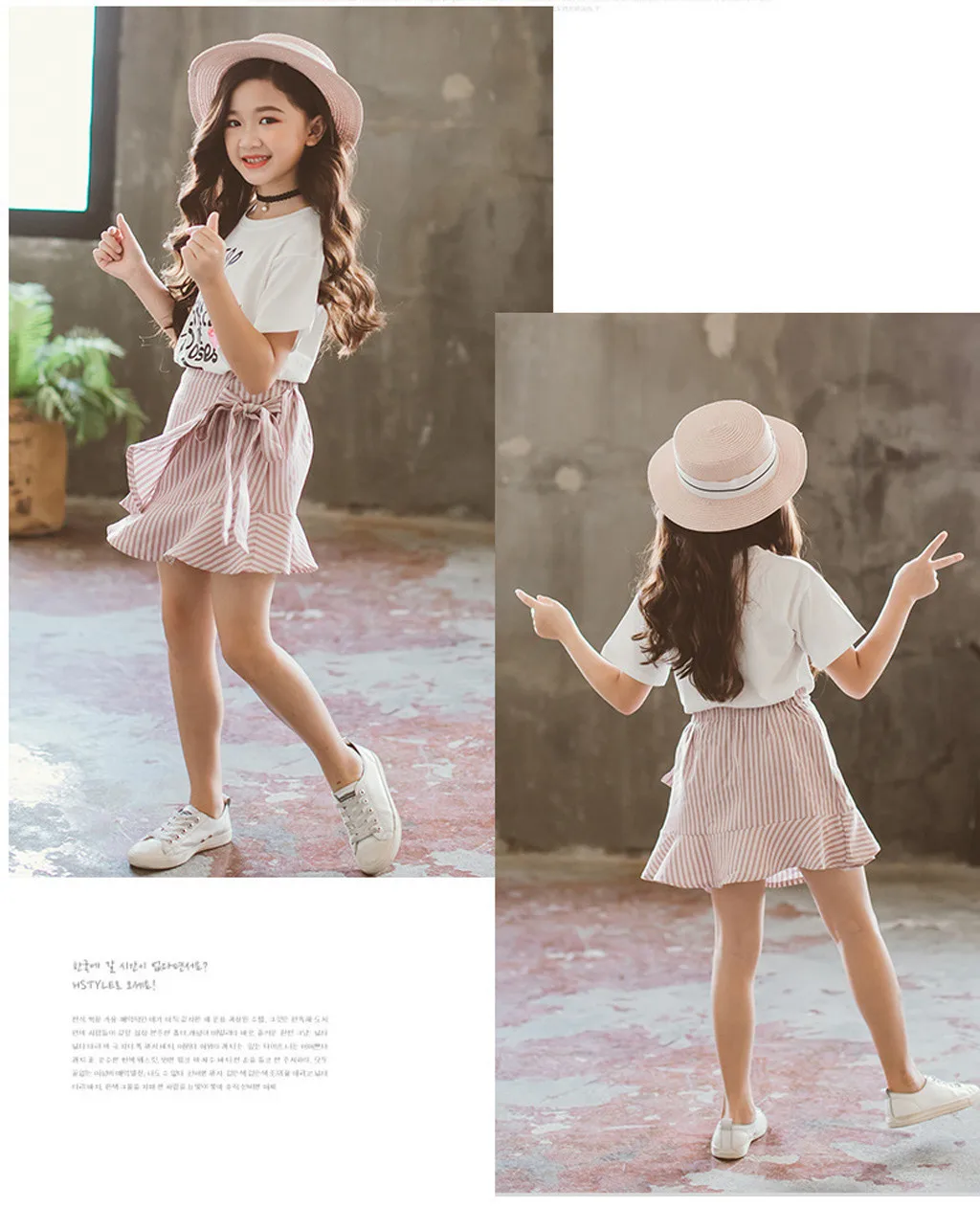 Летние милые девушки детская одежда для девочек в Корейском стиле с буквенным принтом розы футболка с коротким рукавом Топы+ Полосатое платье, комплект с юбкой,#1979
