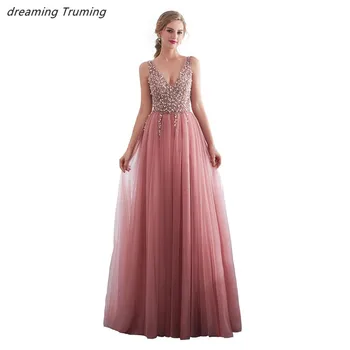 

Blush Pink Long Prom Dresses 2019 New Arrivals A-line Beading Crystals V Neck Floor Length Formal Party Dress Long Prom Gowns