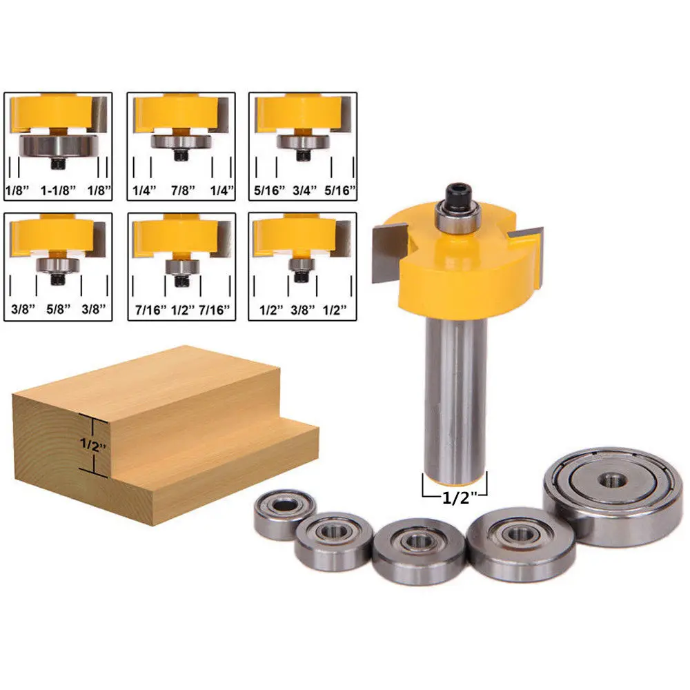 1Pcs Rabbet Router Bit with 6 Bearings Set 1/2" Shank Woodworking tools