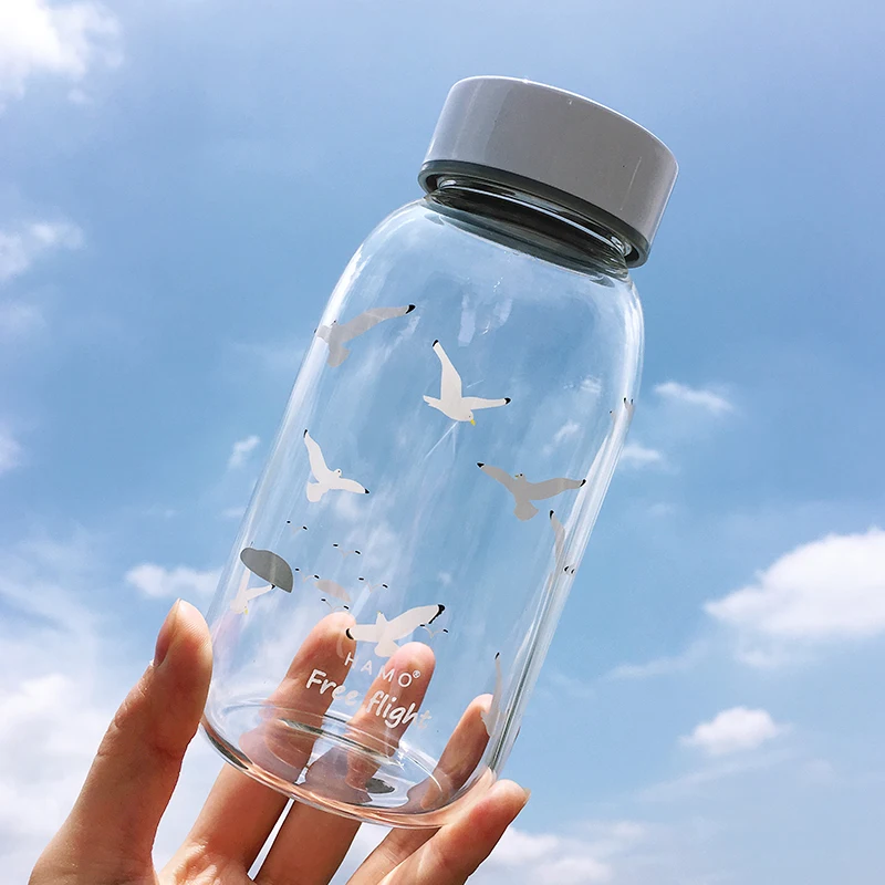 Креативная стеклянная бутылка для воды с изображением снежного лося с рукавом 600 мл милые бутылки с изображением Хаски полярный медведь Спортивная бутылка для кемпинга посуда для напитков - Цвет: Seagull 500ml