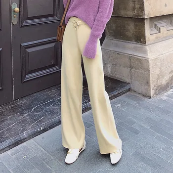 

Casual Female Pants Wide leg pants female 2019 autumn new Korean version of the loose tie knit casual pants Knitted trousers