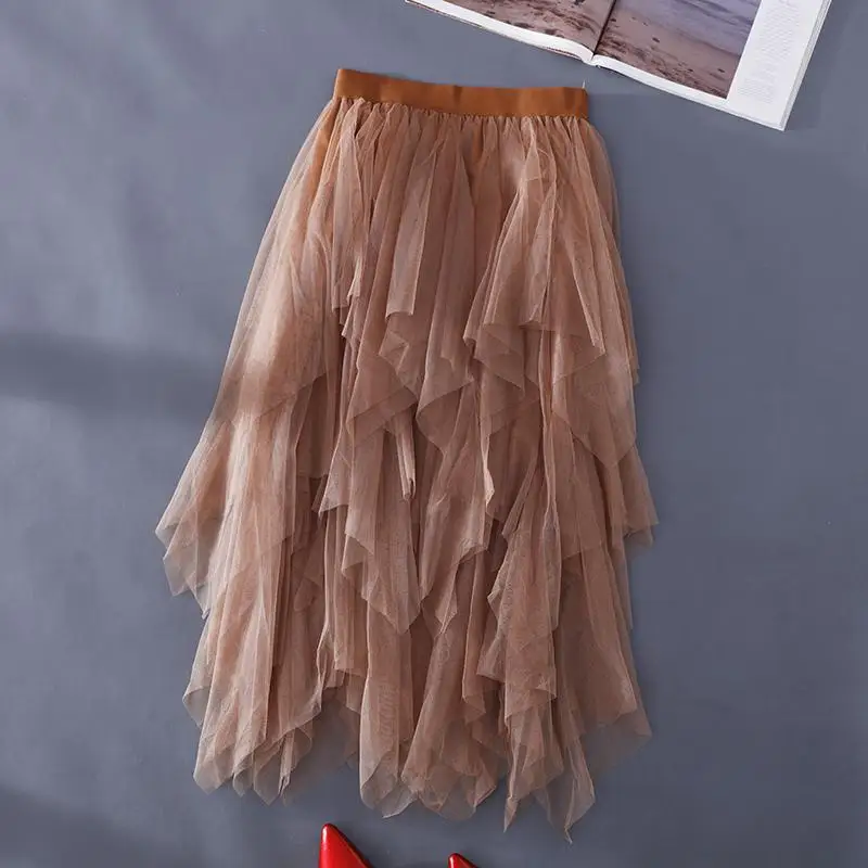 Fitaylor, Женская плиссированная юбка средней длины, Женская фатиновая юбка, весна-лето, нестандартная эластичная сетчатая юбка с высокой талией, разные цвета - Цвет: Коричневый