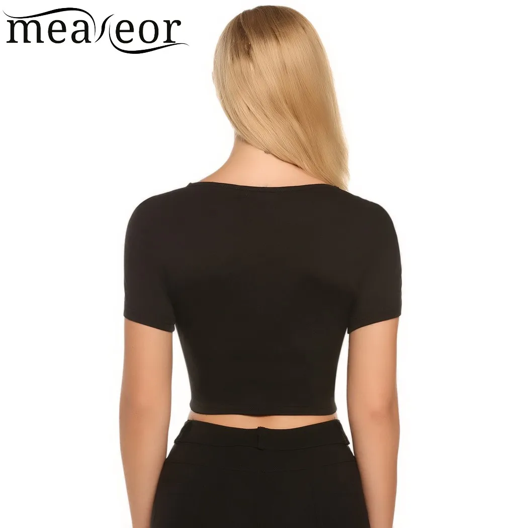 Meaneor Front Tie Short Pullover Sexy T-shirt Women's O-Neck Short Sleeve Solid T-shirts Tops Summer Casual T-shirt Clothing Meaneor Front Tie Short Pullover Sexy T-shirt Women's O-Neck Short Sleeve Solid T-shirts Tops Summer Casual T-shirt Clothing