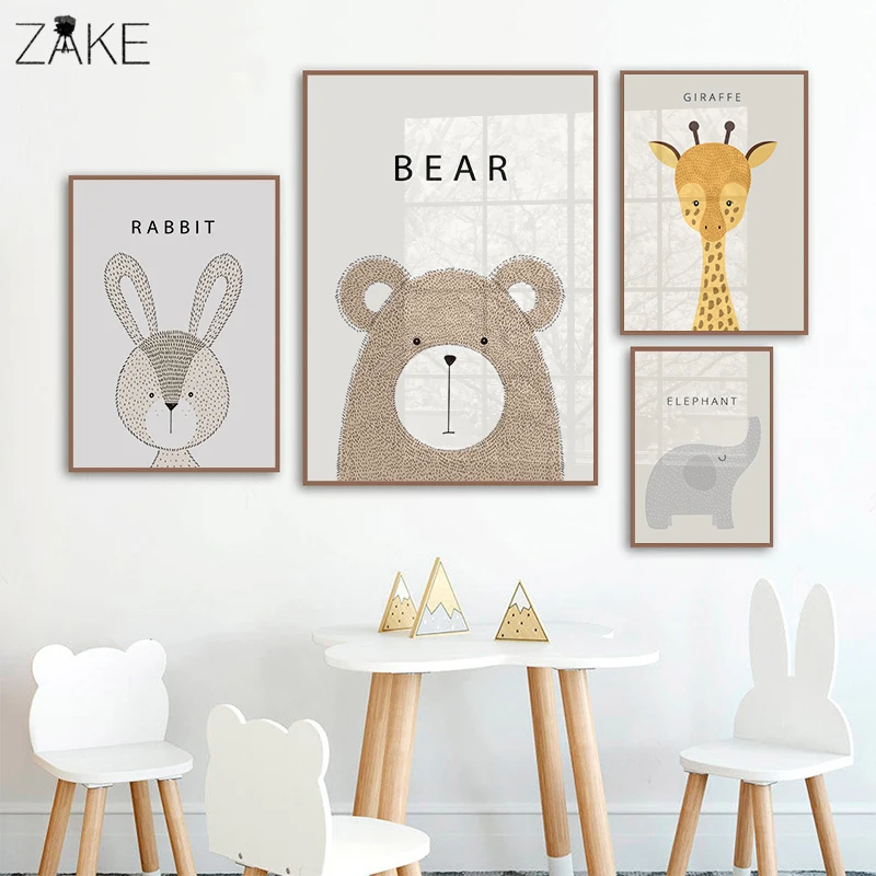 

Woodland Animal Giraffe Bear Elephant Canvas Painting Cartoon Wall Art Posters Nursery Prints Nordic Kids Decoration Pictures