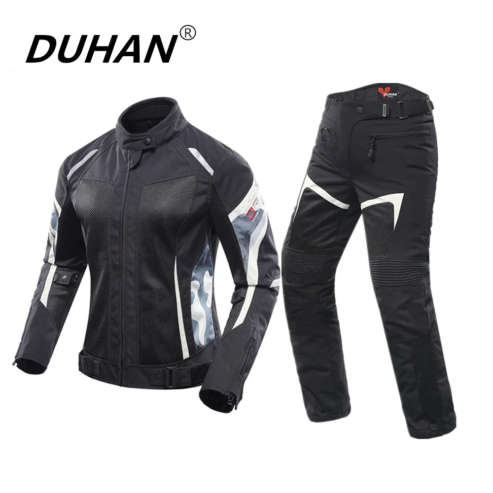 DUHAN Women Motorcycle Jacket+Motorcycle Pants Summer Breathable Motorcycle Suit White Racing
