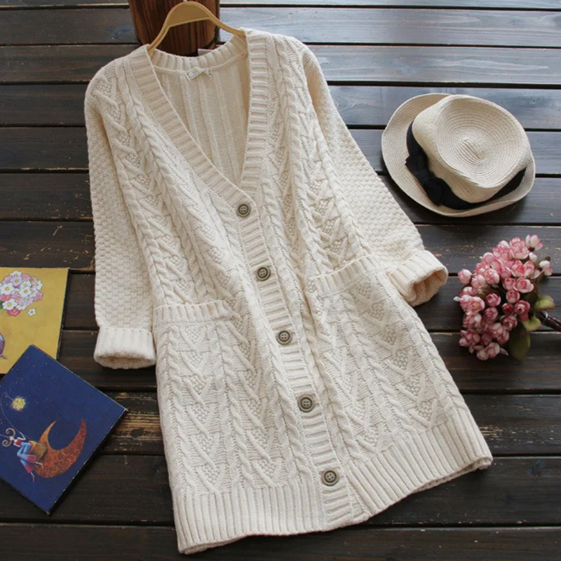 Spring Mori Girl Womens Clothing Large V Collar Button Solid Color Knit Cardigan Long Sleeved Hedge Knit Female Sweater U626