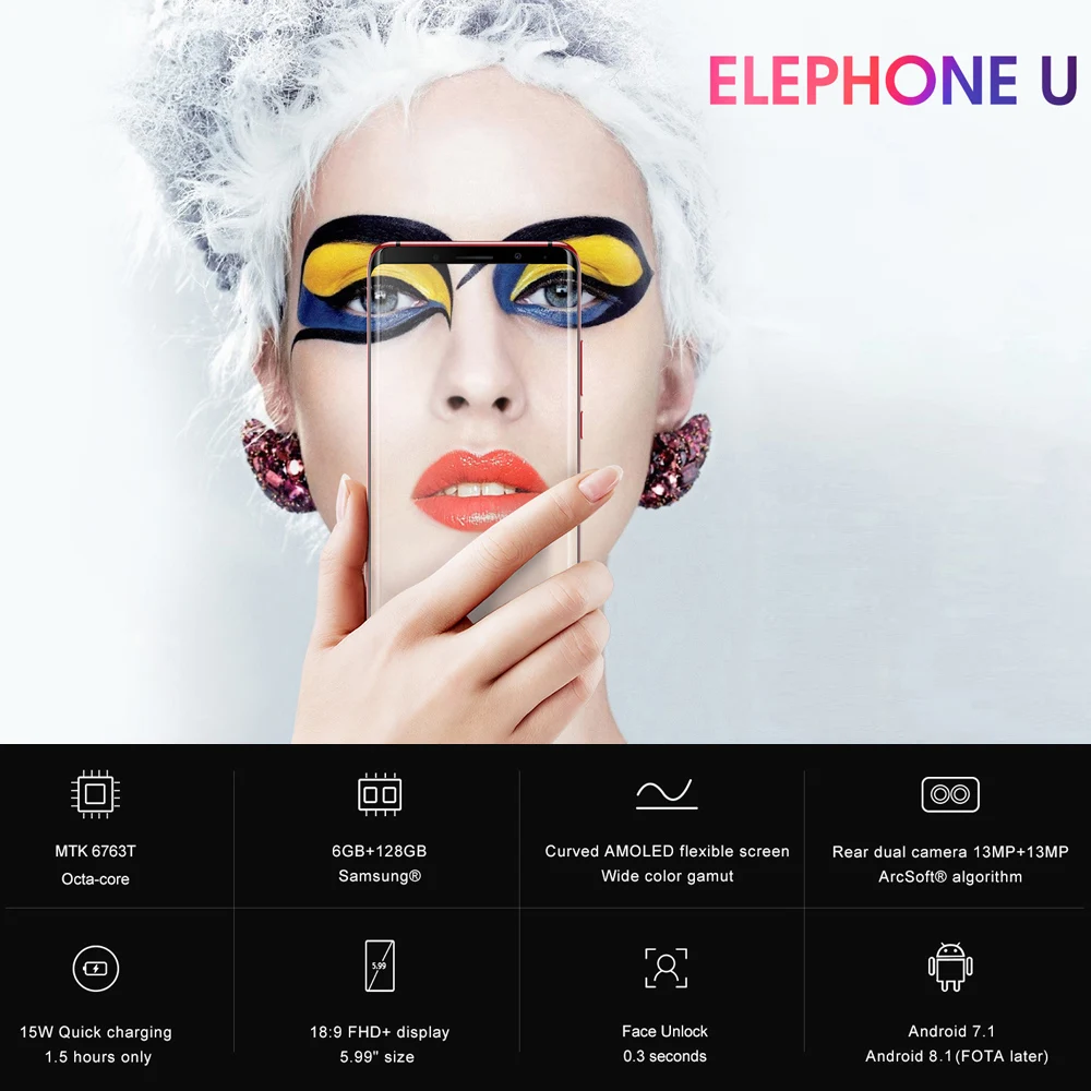 Elephone U 4G уход за кожей лица ID мобильный телефон 6+ 128 Гб Octa Core передача данных, элемент соединения автоматизированной системы управления производством, Грануляция, Glass5 FHD+ безрамочный экран 1080p 13+ 13 Мп двойные задние Камера смартфон с отпечатками пальцев