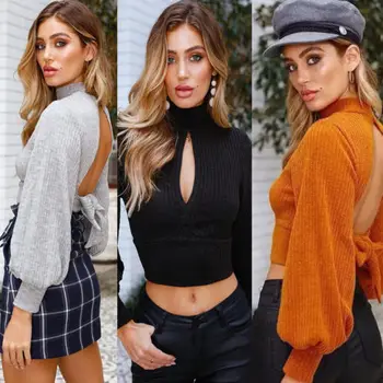 

Women Fashion Sexy Casual Tops Hollow Out Lantern Sleeve Backless Crop Top Sweater Knitting Knitwear Backless Newest