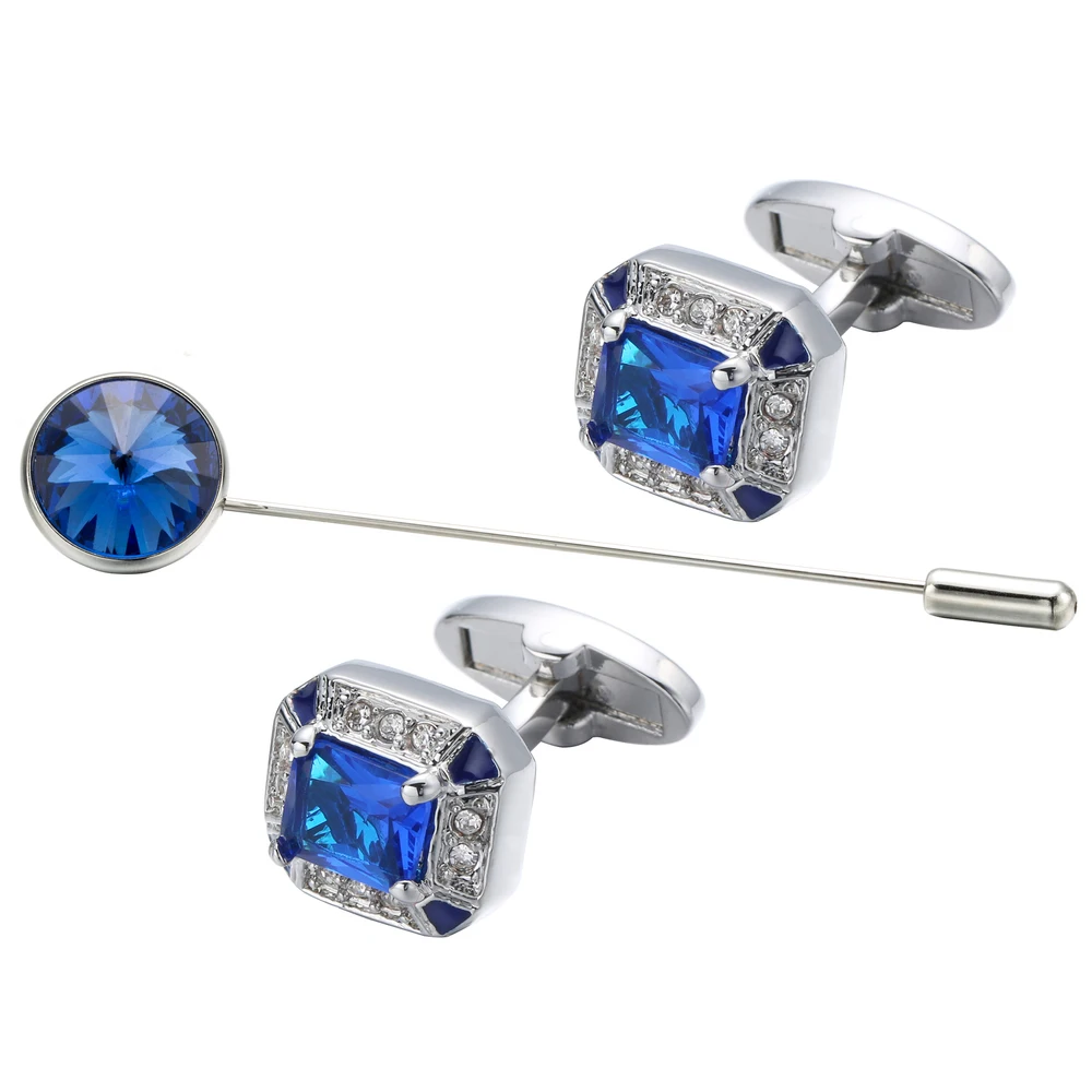 

VAGULA drop ship Blue Cufflinks Brooch pin 3pcs Set Cuff links collar pin Set Wholesale Quality collar tips Set Men Jewelry 733
