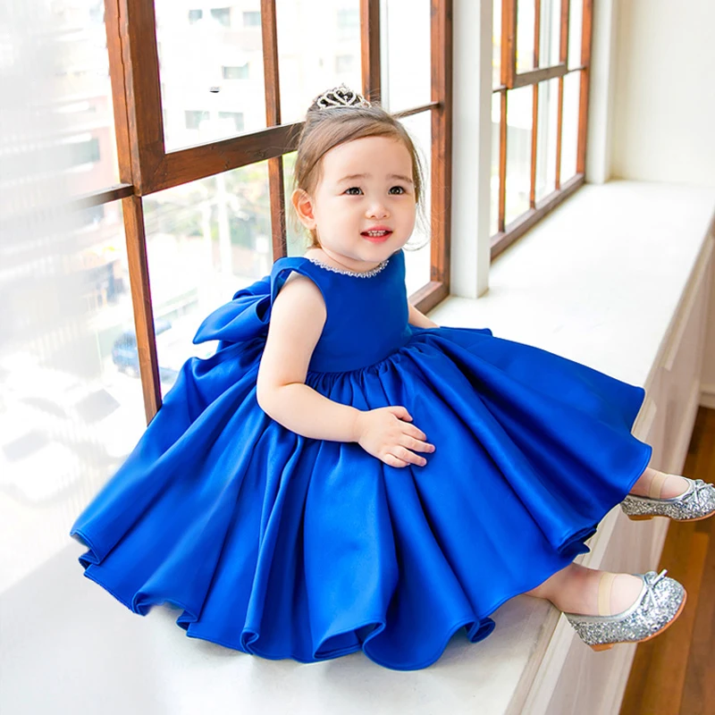 

Blue Stain Baby Dress Tulle Bow Ball Gown Summer Princess Dresses Sleeveless Flower Girl Dress Girl's Birthday Party Dress E326