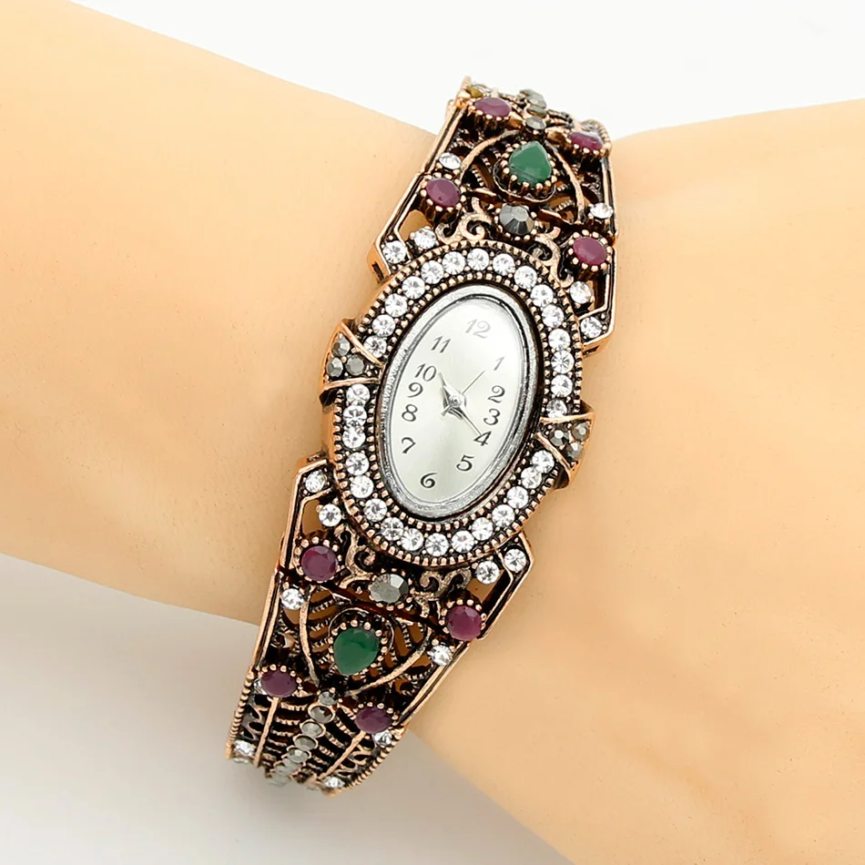 Винтажные турецкие наручные часы, браслет, ювелирные изделия для женщин, круглые Цветочные Кварцевые часы, браслет, античный цвет, регулируемый размер, Эгейское море, манжета - Окраска металла: FA4245