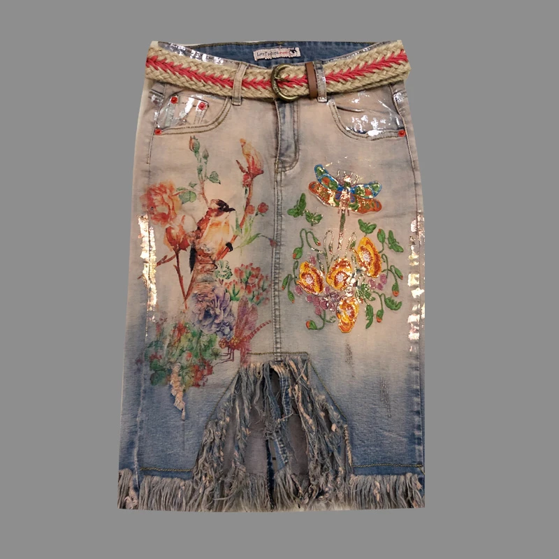 

New Summer Women High quality flower embroidery Hot stamping skirt Plus Size Fashion tassel Mid Waist Skinny Denim Women Skirts