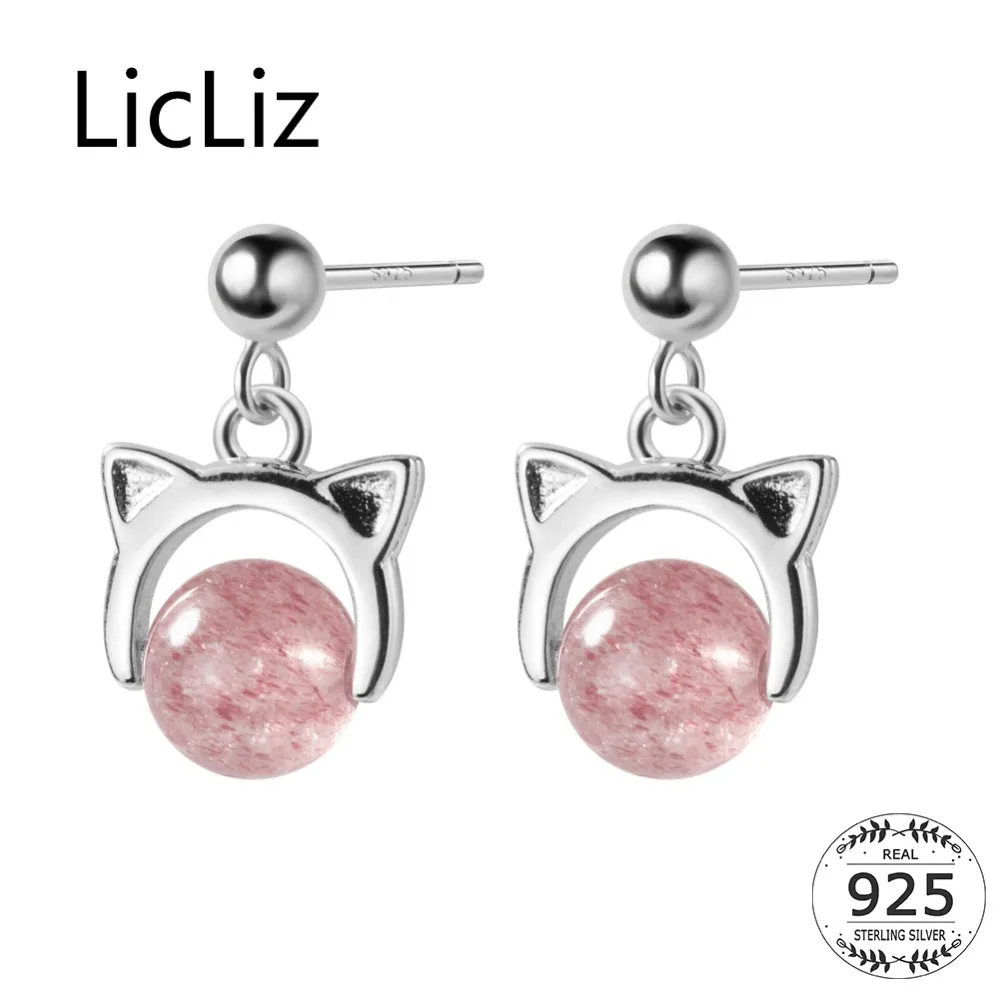 Licliz Nuovo Carino Strawberry Quartz Cat Ear Orecchini A Pendaglio Per Le Donne Nuovo 925 Argento Sterlina Rosa Orecchino Gioielli In Oro Bianco Le04