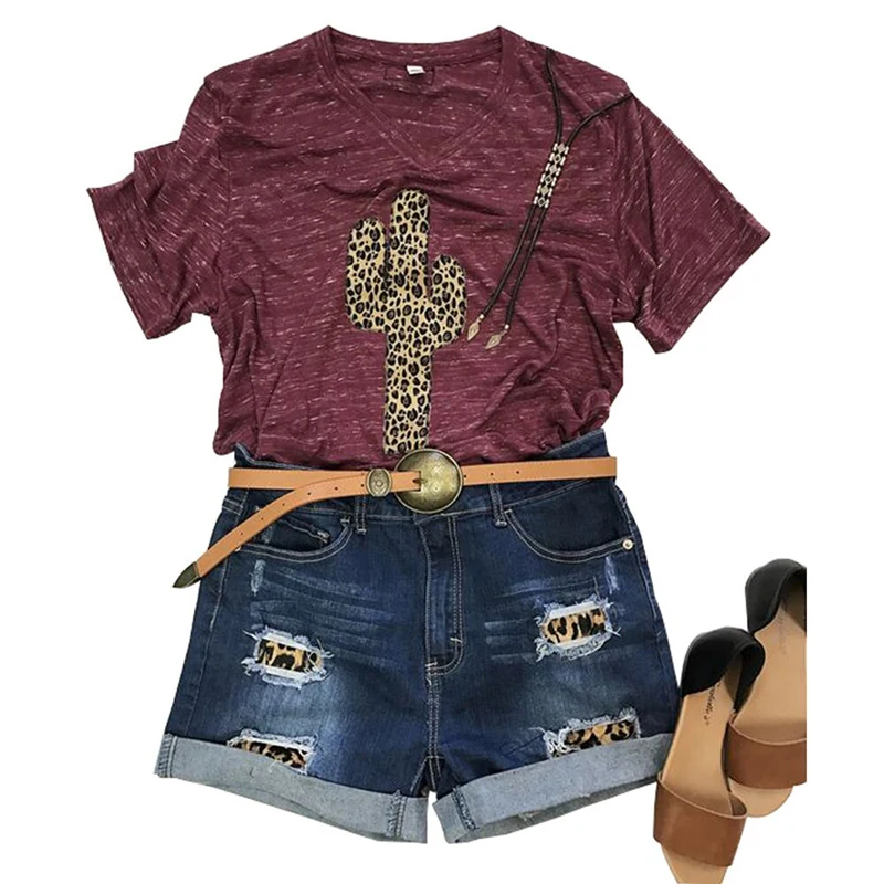 

Cactus With Leopard Print T shirt Women Cute Graphic Tops V-Neck Short Sleeve Casual Summer T-shirt Harajuku Female T-shirts
