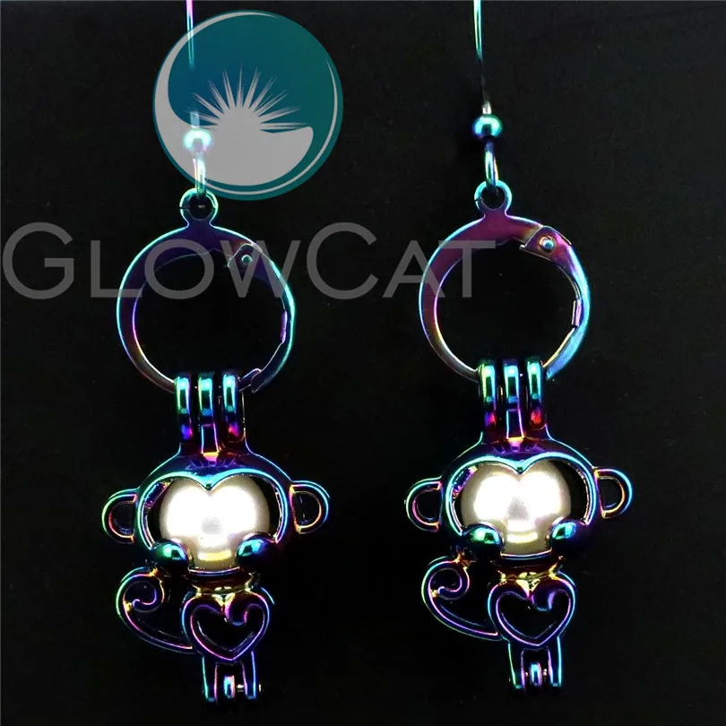 

R-CE70 Rainbow Monkey Earrings Beads Pearl Cage Locket Perfume Aromatherapy Statement Drop Dangle Earring for Girl