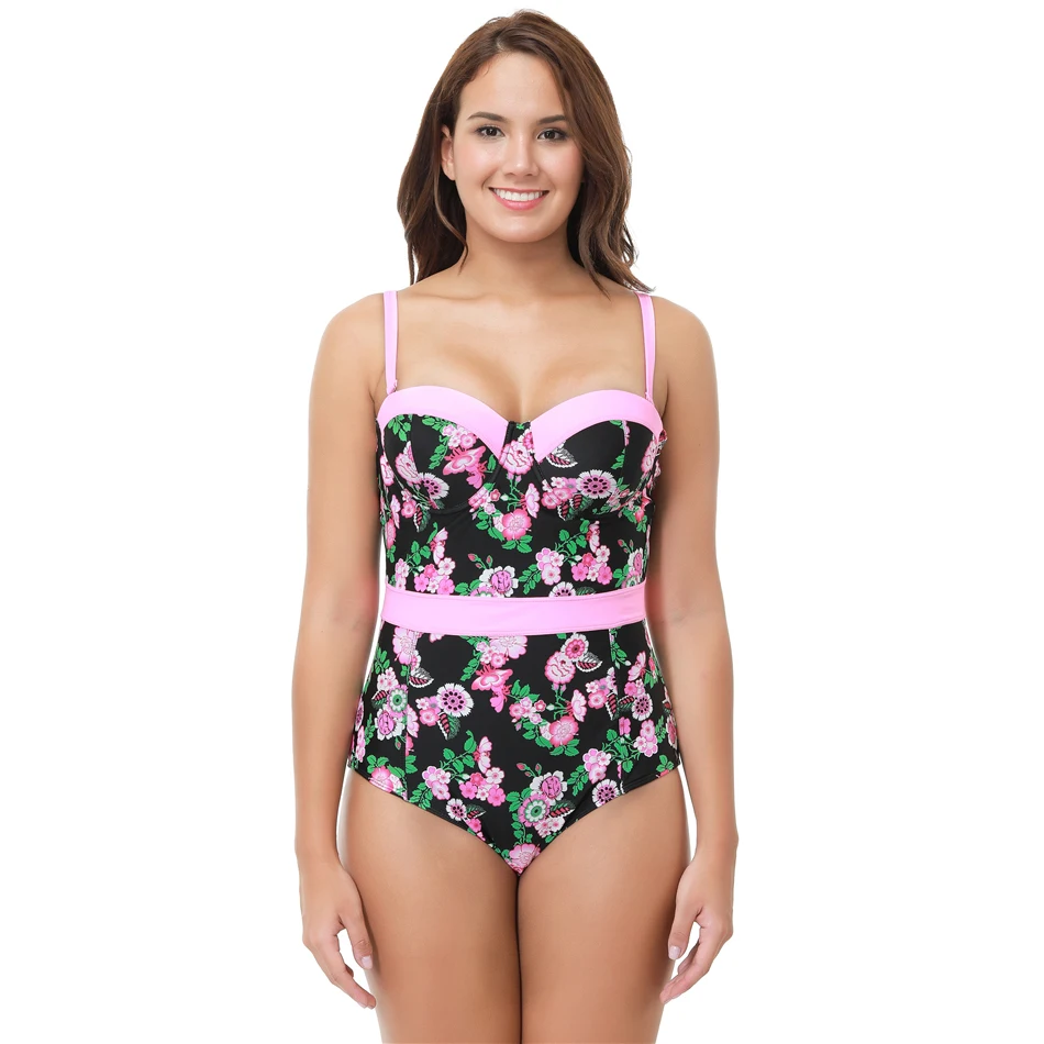 

KINGTUT Pink Floral Push Up One Piece Swimsuit High Cut Patchwork Swimwear Women's Swimming Costume Bandeau Bathing Suit