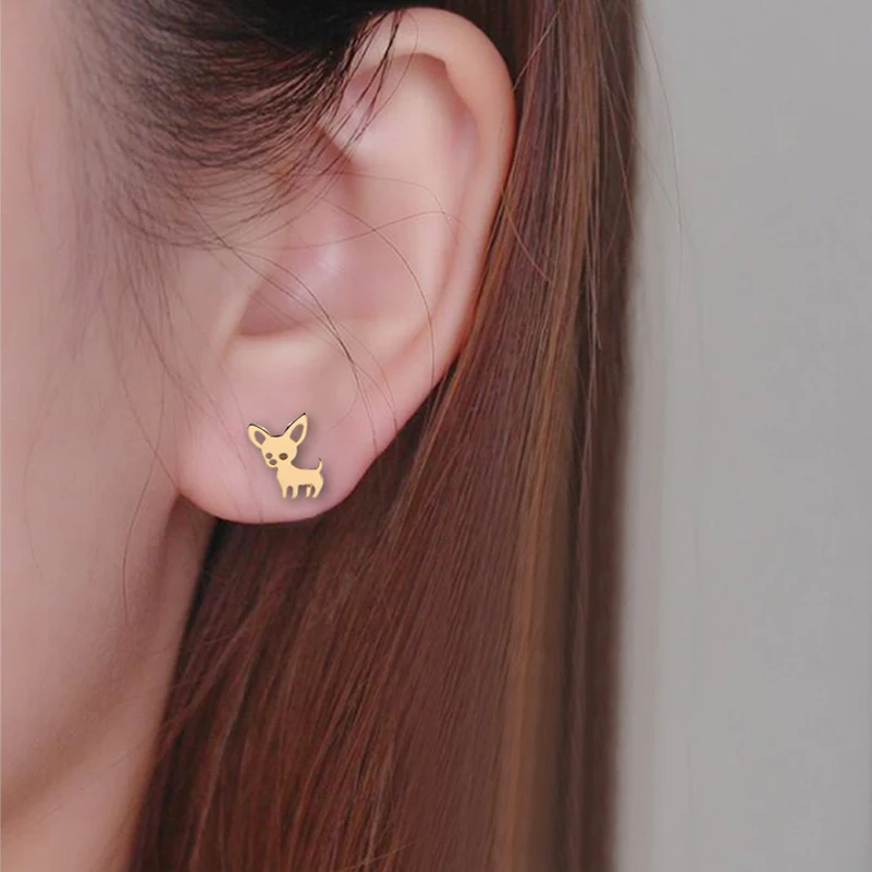 Shuangshuo New Arrival Chihuahua Stainless Steel Earrings for Women Cute Dog Studs Chihuahua Jewelry Love My Pet Animal Earrings