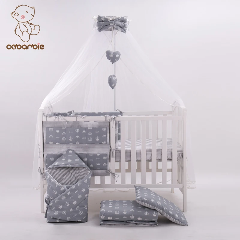 

7 Pc Grey Fashion Bed Cot bedding set for newborn babies Infant Room Kids Baby Bedroom Set Nursery Bedding of crown