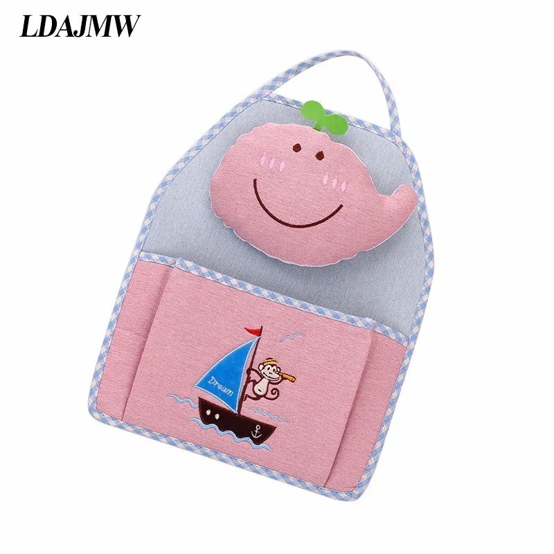 LDAJMW Linen Cartoon Monkey Embroidery 1-4 Pockets Wall Hanging Storage Bag Children Room Organizer Pouch