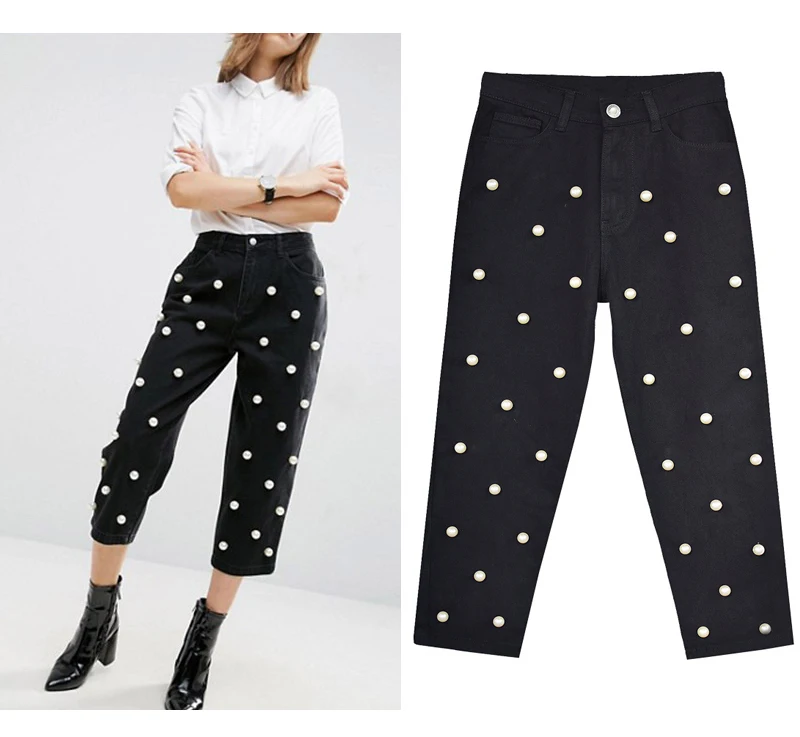 European and American women's high waist straight tube loose-fitting wide-leg jeans denim cuffed trousers studded with large pearl women's eighties (2)