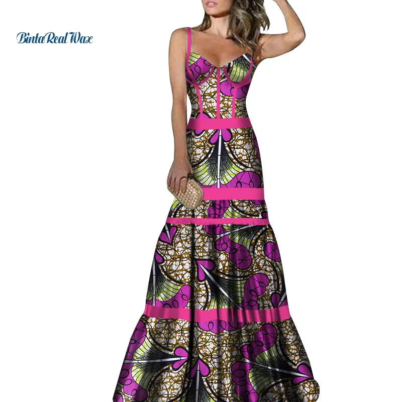 

2018 African Print Dresses for Women Sexy Applique Strap Long Dresses Vestidos Bazin Riche African Ankara Dress Clothing WY3440