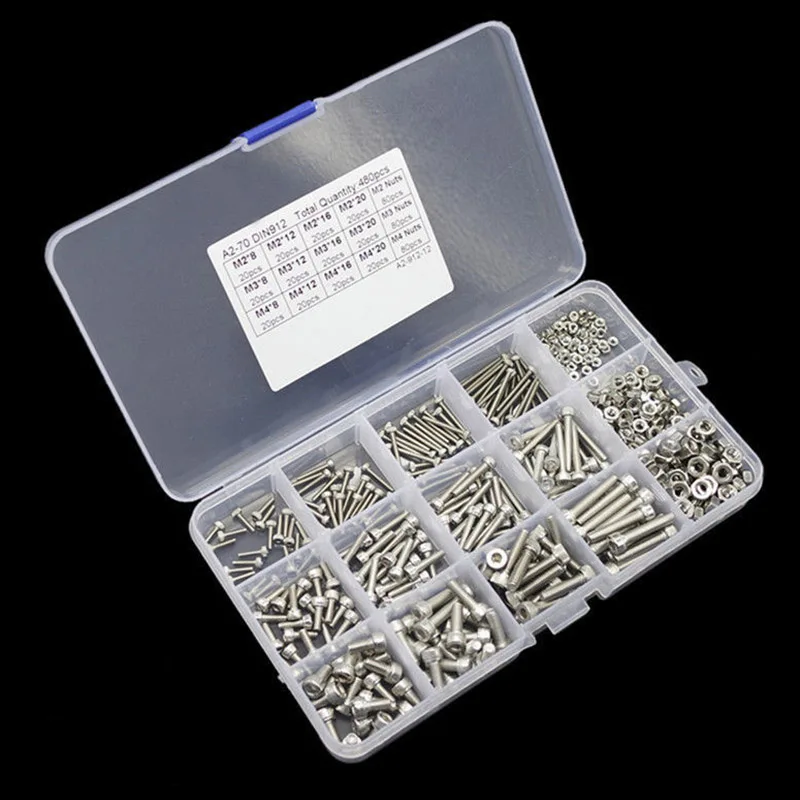 

480Pcs M2 M3 M4 Screws Set With Storage Box Stainless Steel Hex Socket Head Cap Screw Nut Kit SDF-SHIP