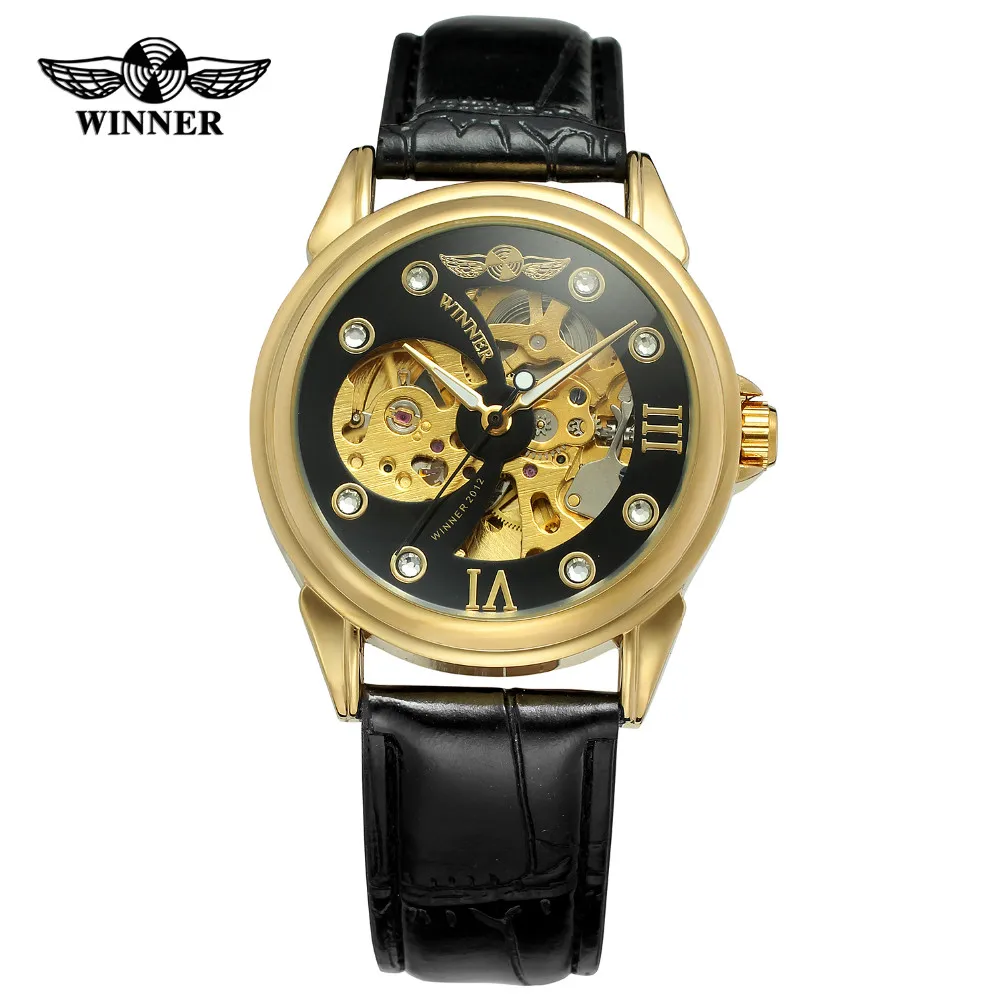 

WINNER Brand Mens Skeleton Automatic Mechanical Watch Leather Strap Clear Stone Male Wristwatch Gift Box Relogio Releges