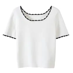 SRUILEE тонкая элегантная короткая футболка Bodycon 2019 новые летние футболки женская футболка с коротким рукавом пуловеры вязаный укороченный