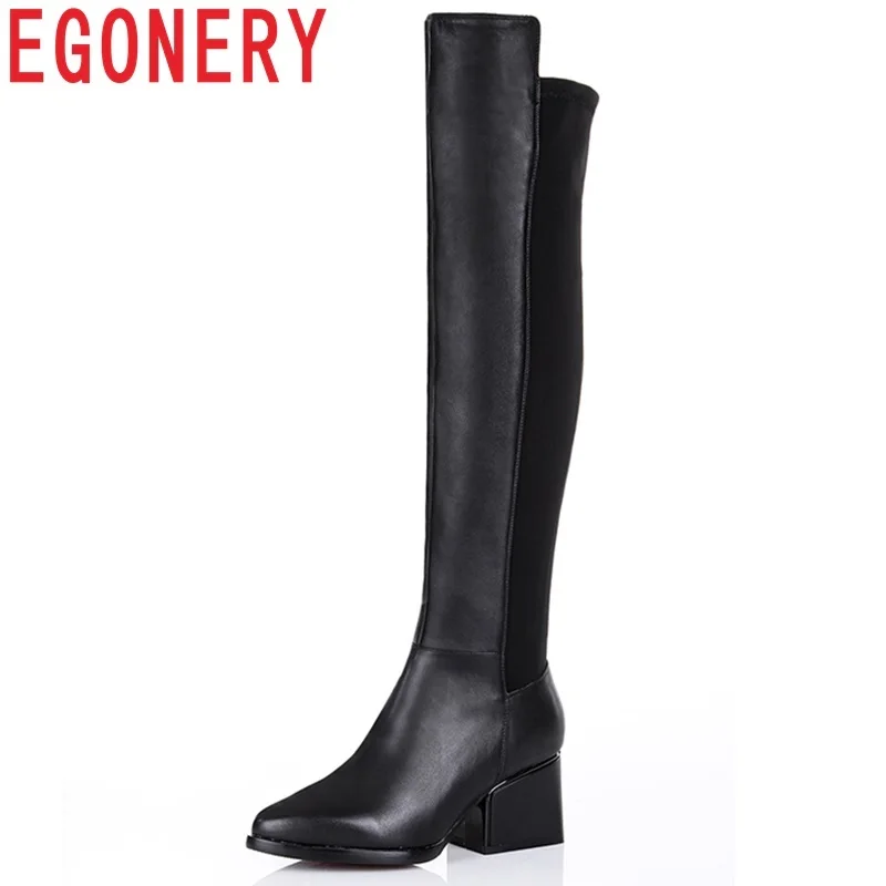 

EGONERY Brand Women Winter Autumn genuine leather high square heel platform black fashion sexy big size over the knee boots