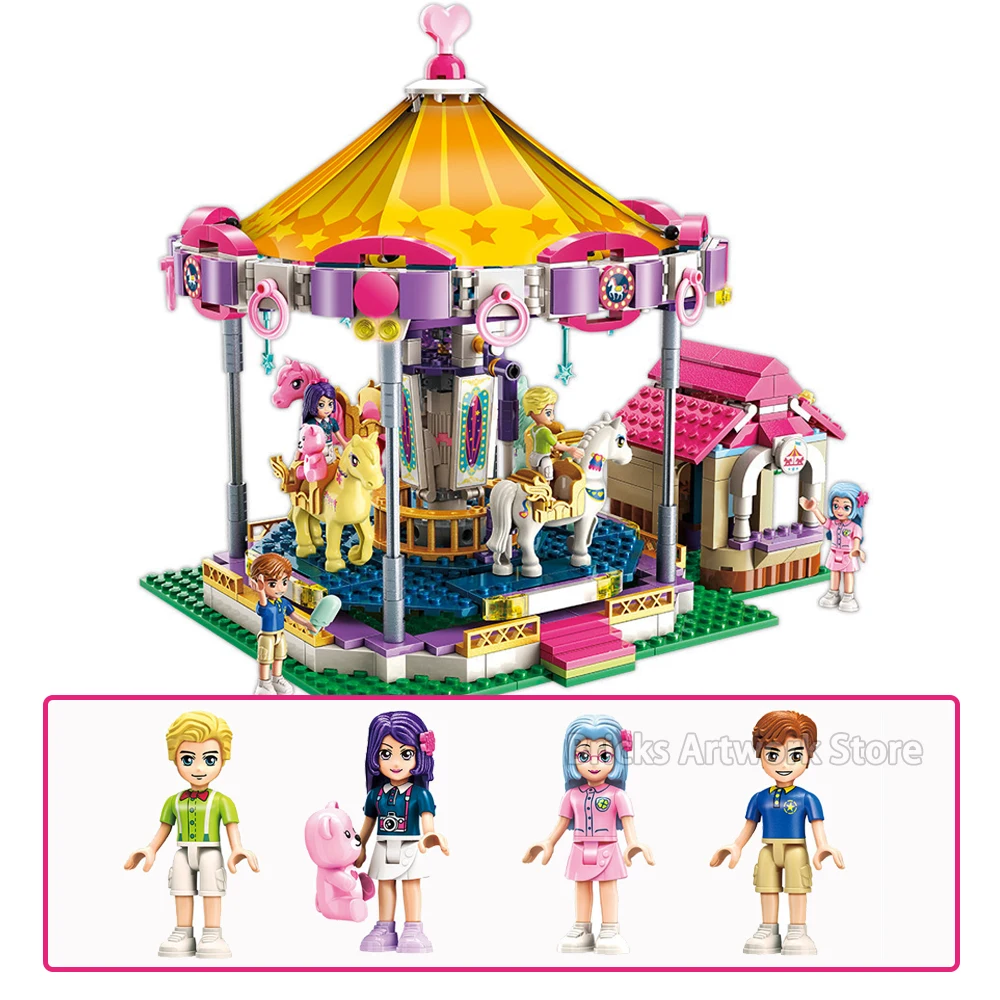 

Fit Friends Series Qman 646pcs 2016 Colorful Holiday Carousel Fantasy Mini figures Set Building Blocks Toys Girls Creative Gift
